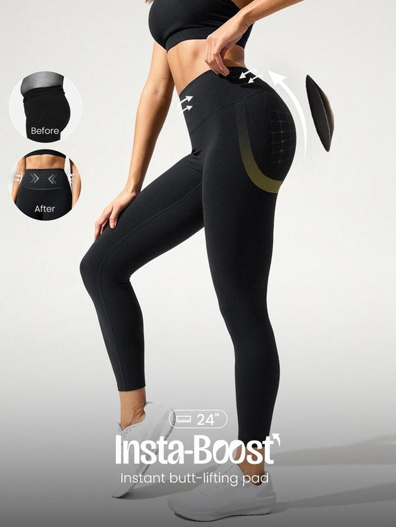 GLOWMODE 24" Featherfit Shape It up Booty Boosting Shaping Removable Butt Pads No Front Seam Insta Cinch Tummy Control Leggings Low-Impact Yoga Pilates Barre Studio Daily Casual Wear