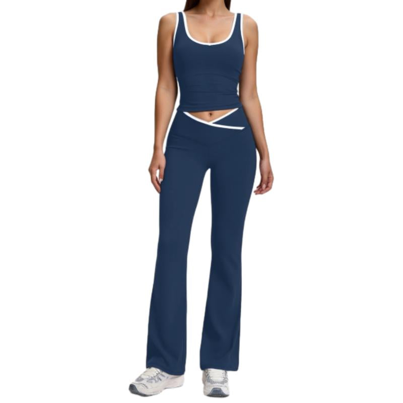 Women'S 2Pcs Sets Casual Summer Sports Outfit Wide Strap Crop Tank Fold over Yoga Flare Pants Outdoor Leisure Sports Sportswear Suit Colorblock Athleisure Breathable Clothes