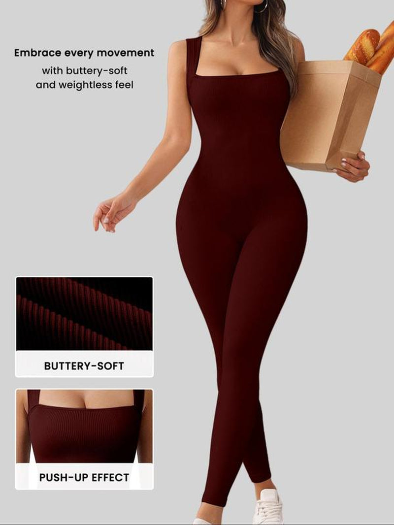 Women'S Solid Square Neck Sports Jumpsuit, Casual Comfy Sleeveless Jumpsuit for Yoga Gym Workout, Ladies Sportswear for All Seasons