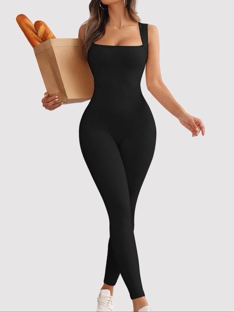 Women'S Solid Square Neck Sports Jumpsuit, Casual Comfy Sleeveless Jumpsuit for Yoga Gym Workout, Ladies Sportswear for All Seasons