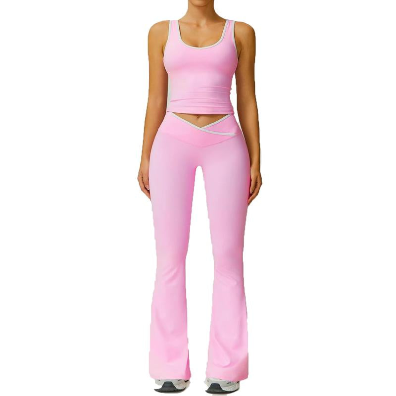 Women'S 2Pcs Sets Casual Summer Sports Outfit Wide Strap Crop Tank Fold over Yoga Flare Pants Outdoor Leisure Sports Sportswear Suit Colorblock Athleisure Breathable Clothes