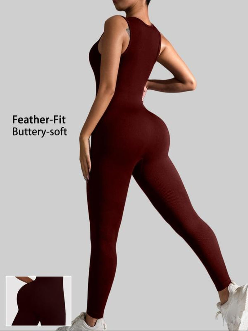 Women'S Solid Square Neck Sports Jumpsuit, Casual Comfy Sleeveless Jumpsuit for Yoga Gym Workout, Ladies Sportswear for All Seasons