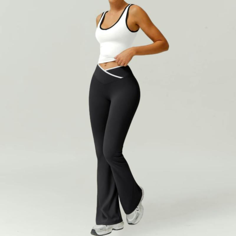 Women'S 2Pcs Sets Casual Summer Sports Outfit Wide Strap Crop Tank Fold over Yoga Flare Pants Outdoor Leisure Sports Sportswear Suit Colorblock Athleisure Breathable Clothes