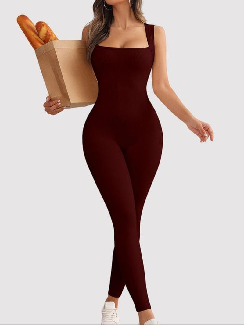 Women'S Solid Square Neck Sports Jumpsuit, Casual Comfy Sleeveless Jumpsuit for Yoga Gym Workout, Ladies Sportswear for All Seasons