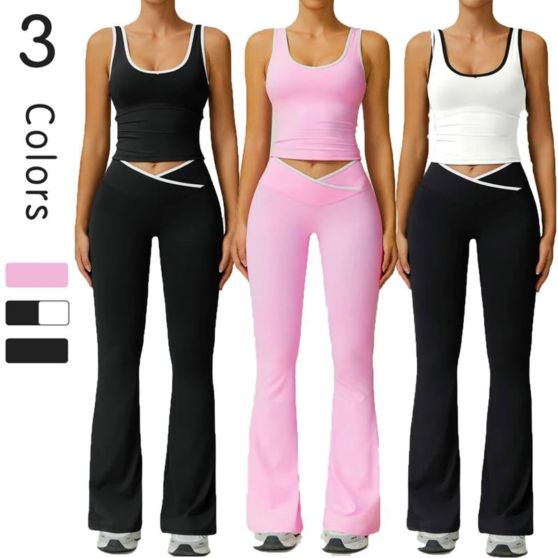 Women'S 2Pcs Sets Casual Summer Sports Outfit Wide Strap Crop Tank Fold over Yoga Flare Pants Outdoor Leisure Sports Sportswear Suit Colorblock Athleisure Breathable Clothes