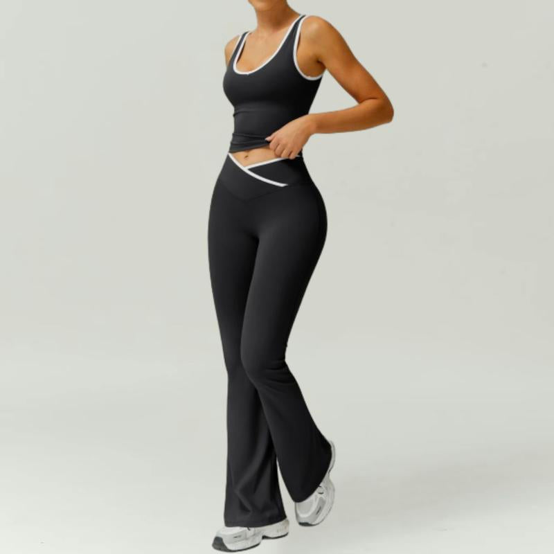 Women'S 2Pcs Sets Casual Summer Sports Outfit Wide Strap Crop Tank Fold over Yoga Flare Pants Outdoor Leisure Sports Sportswear Suit Colorblock Athleisure Breathable Clothes