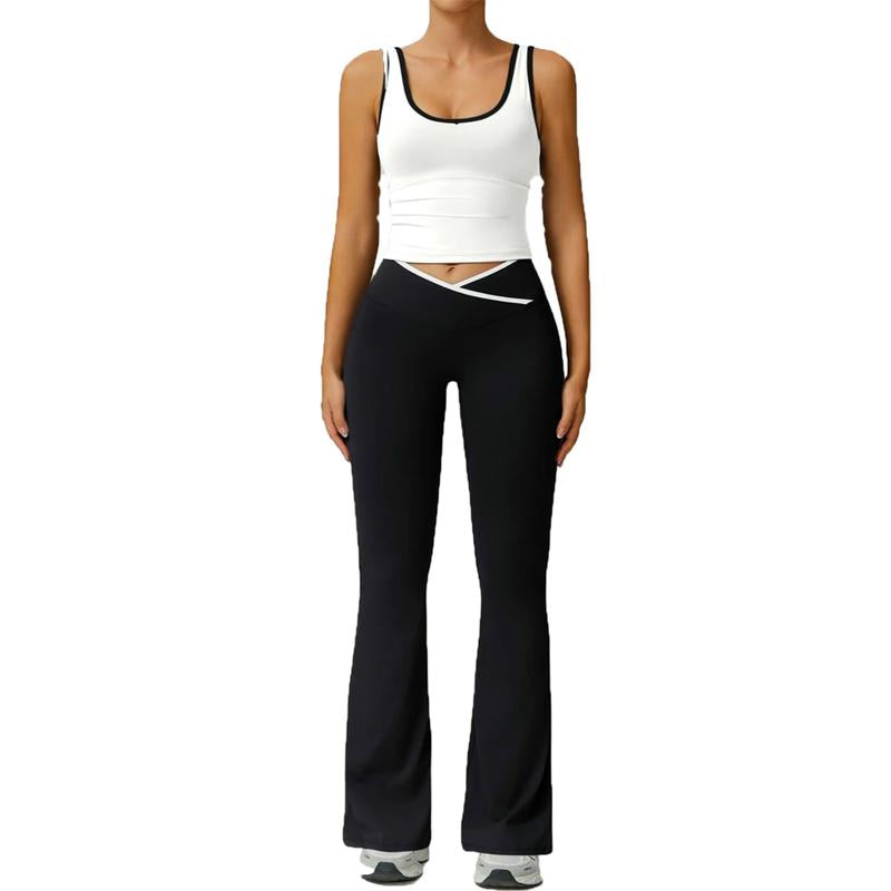 Women'S 2Pcs Sets Casual Summer Sports Outfit Wide Strap Crop Tank Fold over Yoga Flare Pants Outdoor Leisure Sports Sportswear Suit Colorblock Athleisure Breathable Clothes