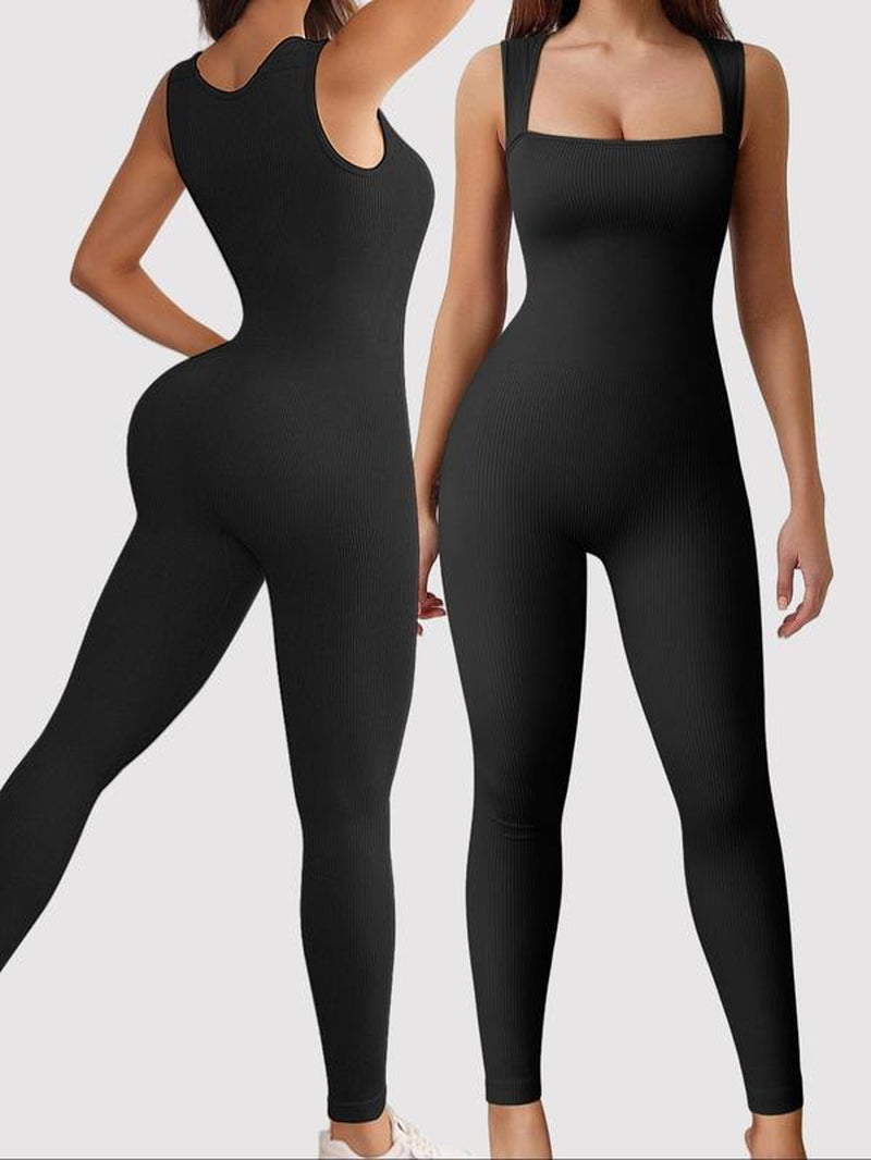 Women'S Solid Square Neck Sports Jumpsuit, Casual Comfy Sleeveless Jumpsuit for Yoga Gym Workout, Ladies Sportswear for All Seasons