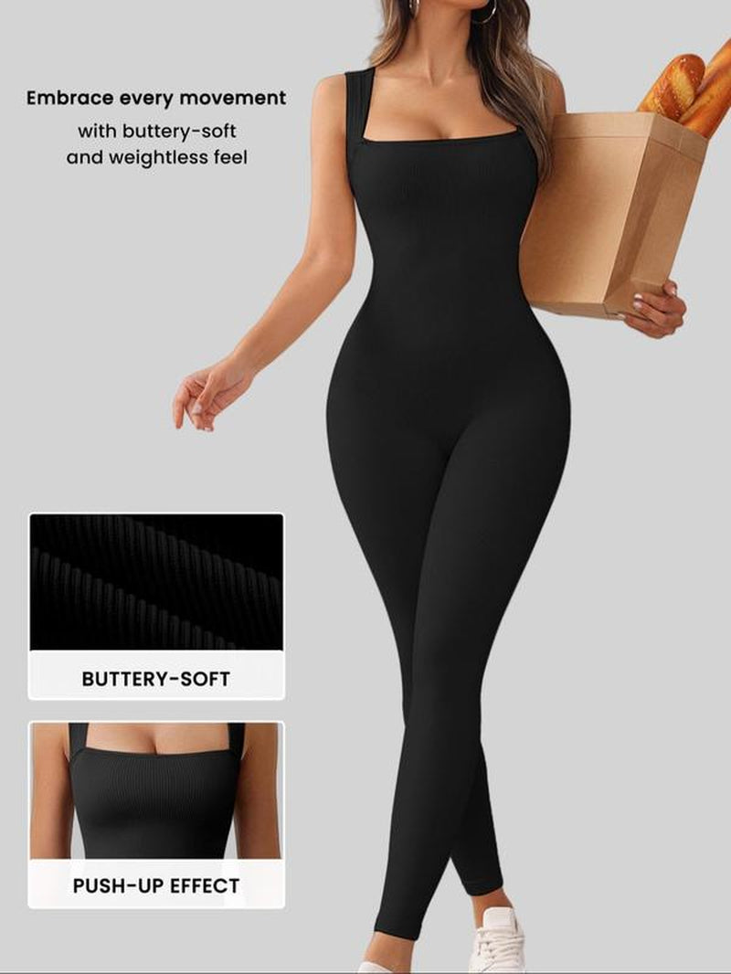 Women'S Solid Square Neck Sports Jumpsuit, Casual Comfy Sleeveless Jumpsuit for Yoga Gym Workout, Ladies Sportswear for All Seasons