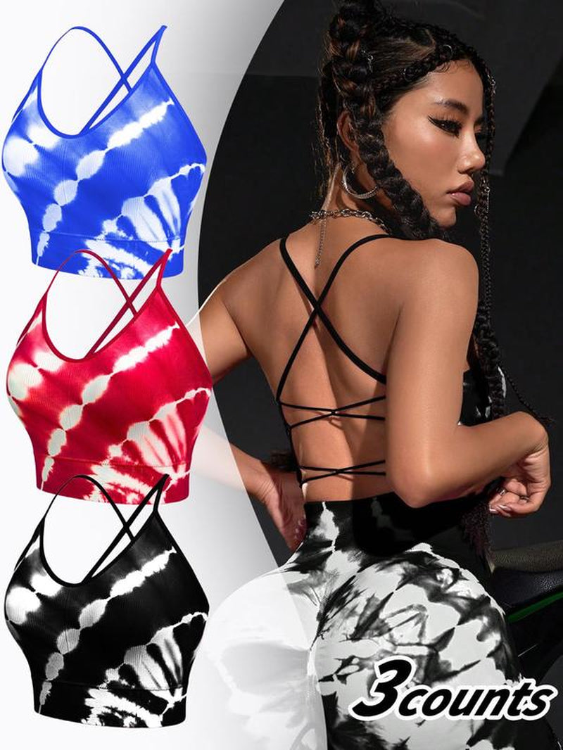 Women'S Tie Dye Print Seamless Sports Bra, High Stretch Casual Comfortable Breathable Criss Cross Backless Sports Bra for Yoga Gym Workout, Ladies Sportswear for All Seasons