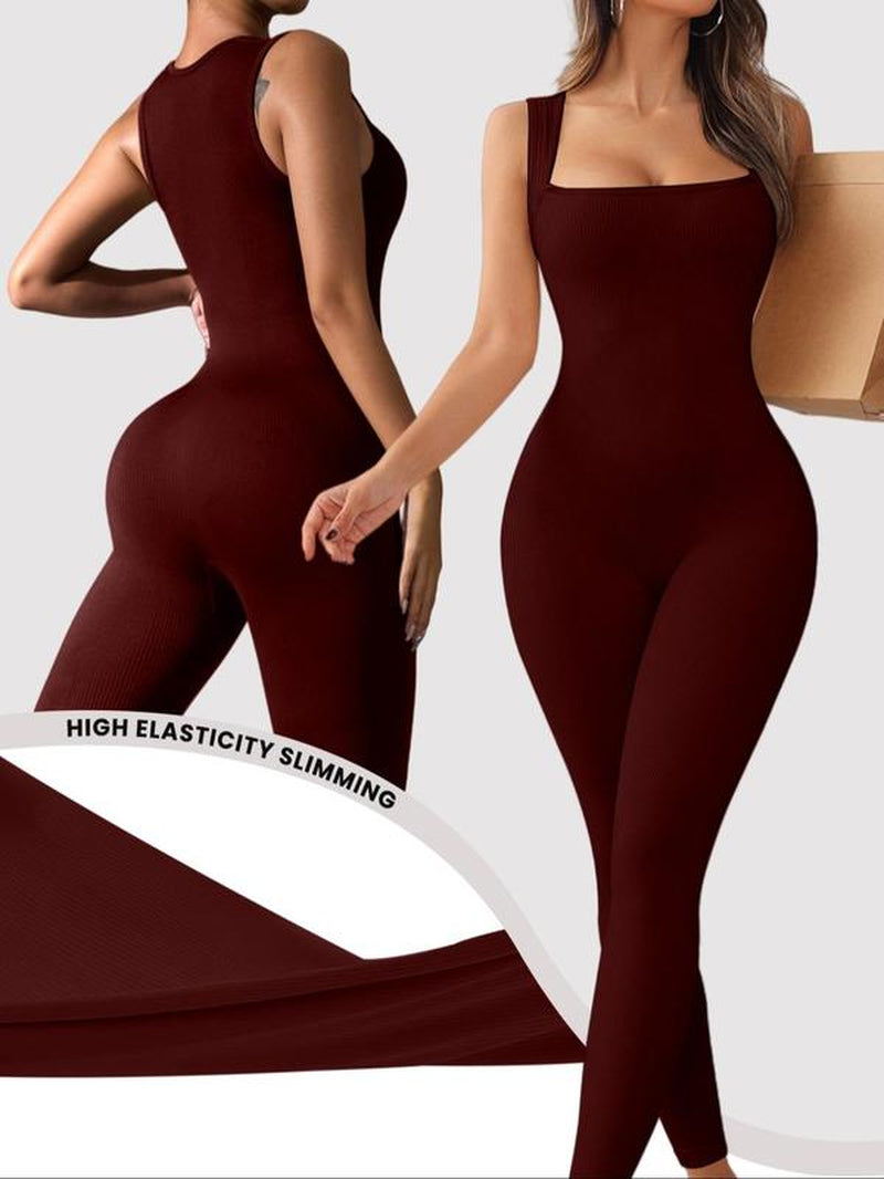 Women'S Solid Square Neck Sports Jumpsuit, Casual Comfy Sleeveless Jumpsuit for Yoga Gym Workout, Ladies Sportswear for All Seasons